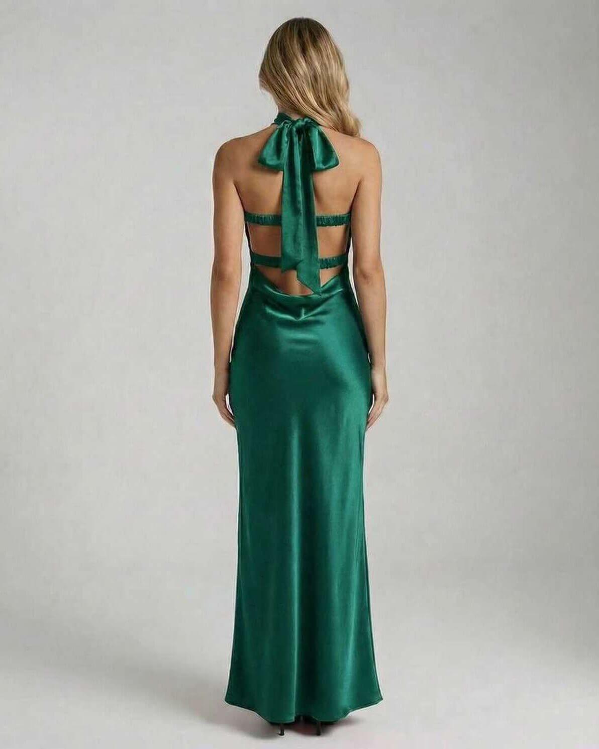 Back view of Lauven Verde Maxi Dress showcasing elegant emerald satin finish and stylish halter tie.