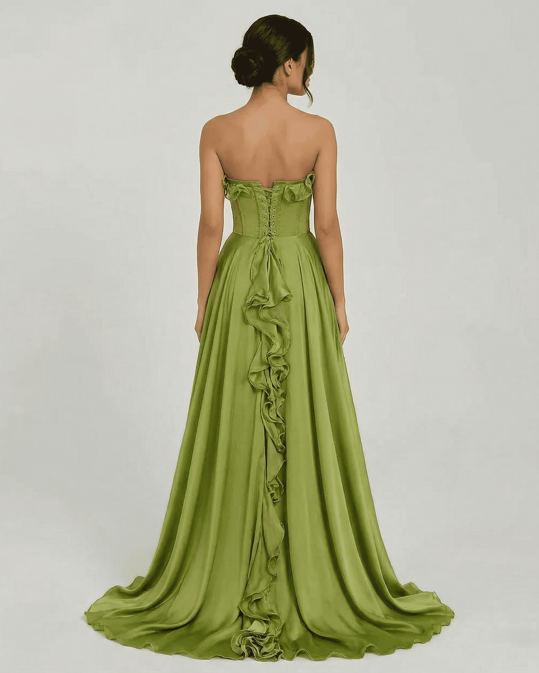 Back view of the Verdessa Maxi Dress by Lauven, showcasing its strapless design and flowing ruffle detail.