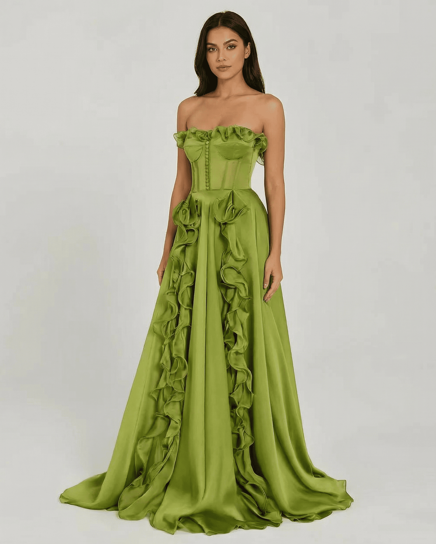 Verdessa Maxi Dress by Lauven, strapless green dress with ruffle detail and flowing silhouette.