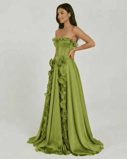 Verdessa Maxi Dress by Lauven, strapless green maxi dress with ruffle detail and flowing silhouette.