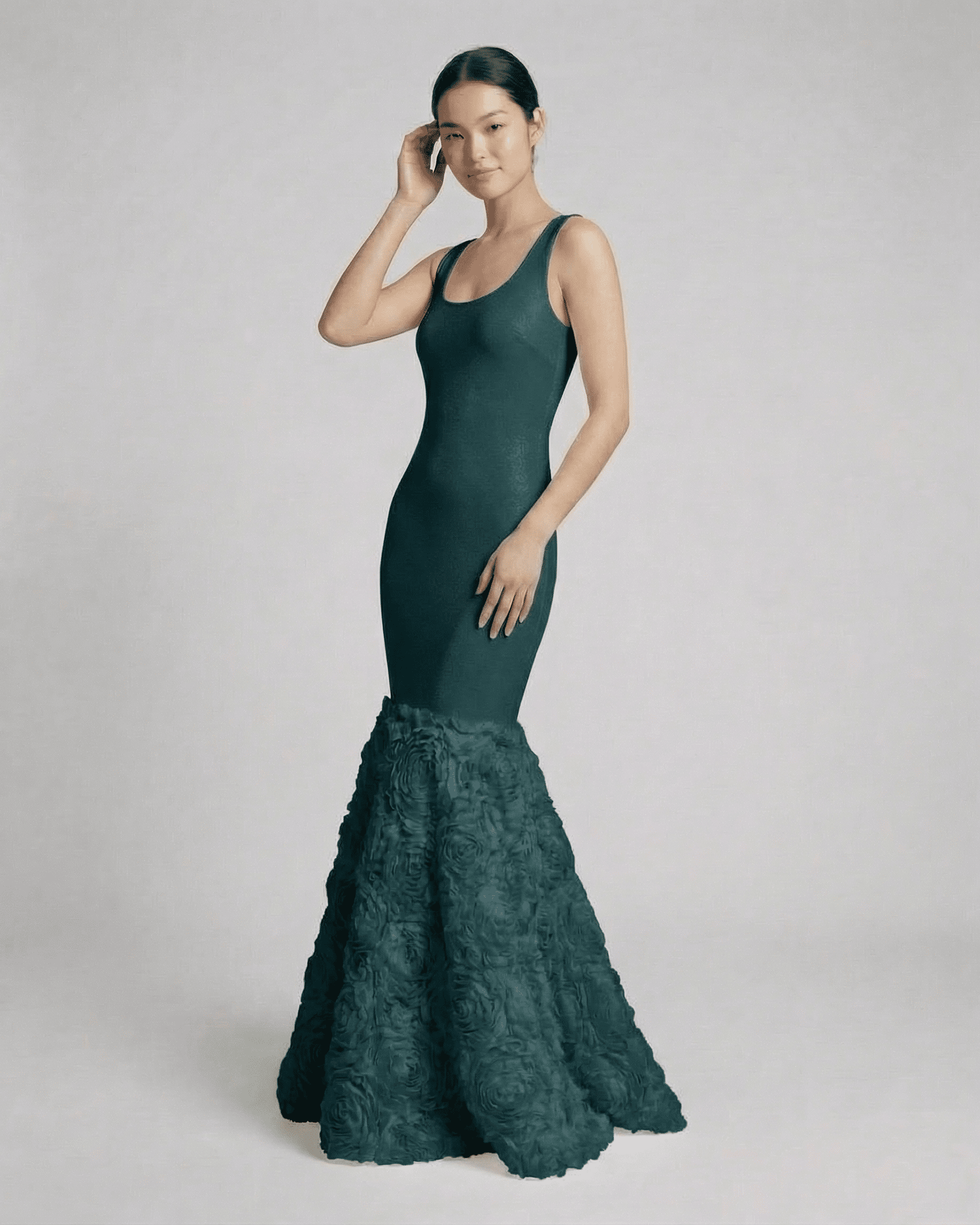 Verdeux Maxi Dress by Lauven - Sleeveless teal maxi with textured rosette hem and sleek silhouette.