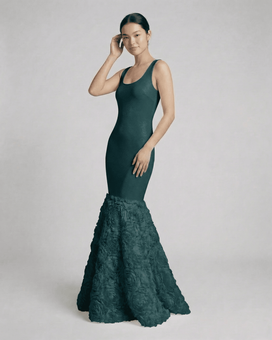 Verdeux Maxi Dress by Lauven - Sleeveless teal maxi with textured rosette hem and sleek silhouette.