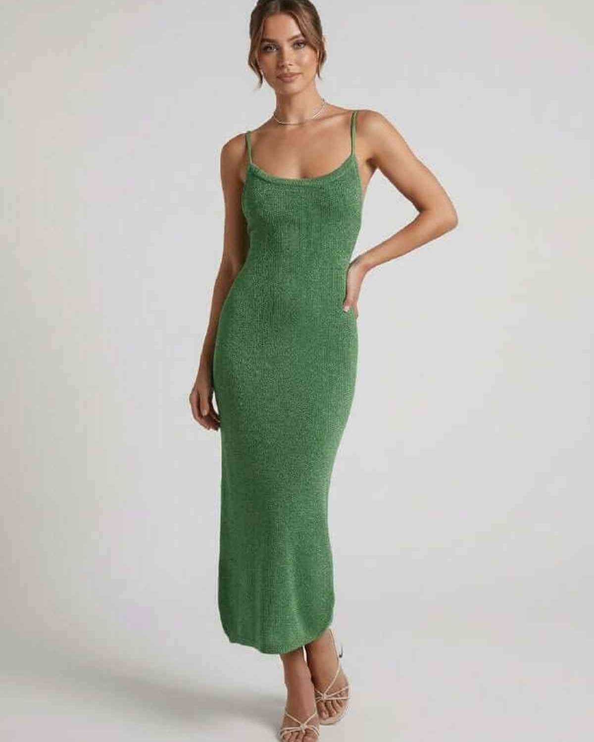 Verdina Midi Dress by Lauven - Green spaghetti strap midi dress with a slim sheath silhouette.