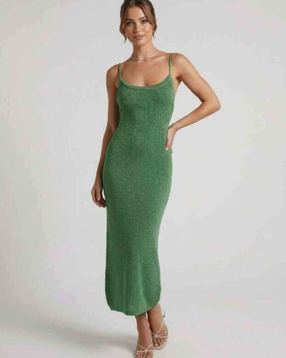 Verdina Midi Dress by Lauven - Green spaghetti strap midi dress with a slim sheath silhouette.