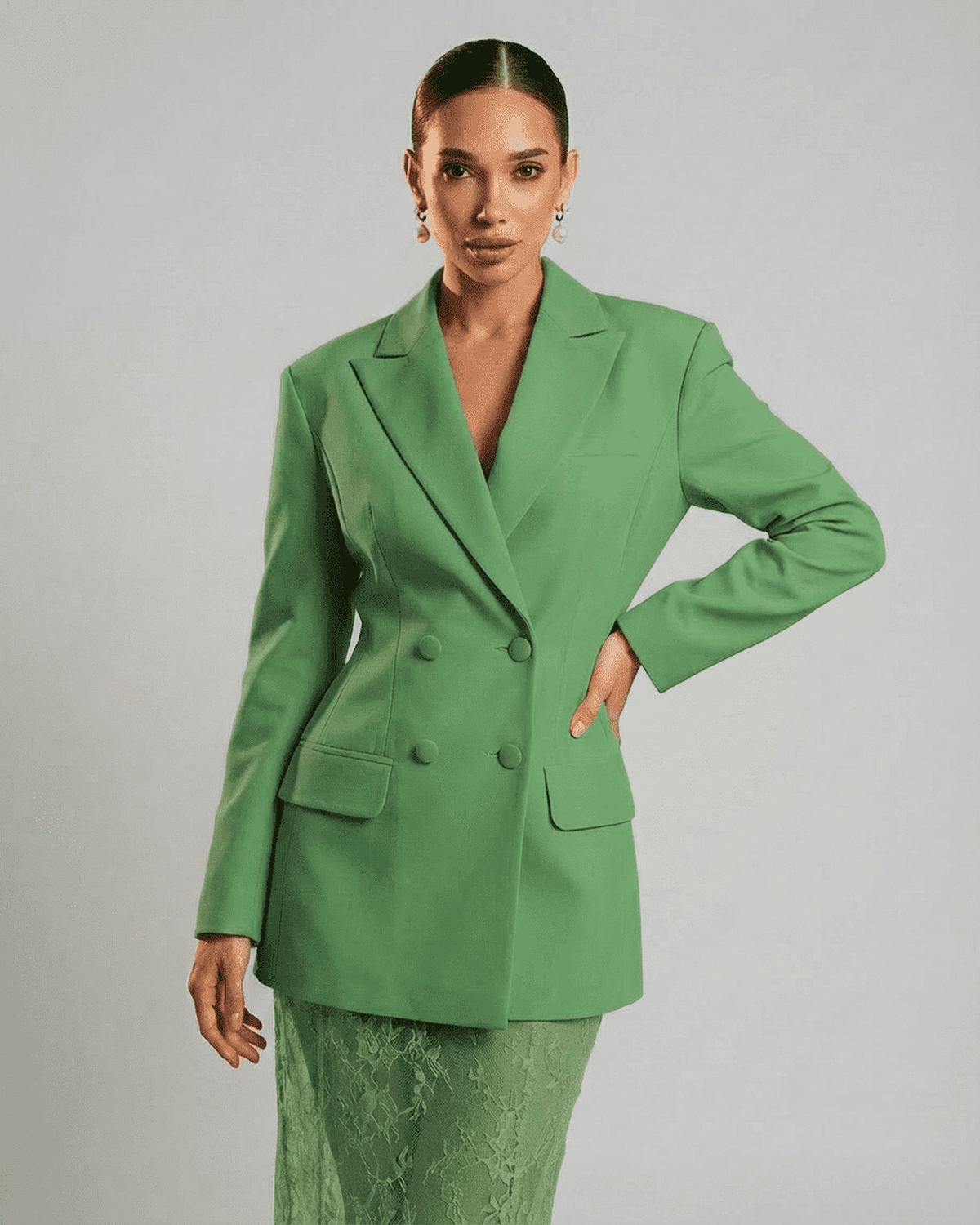 Verona Blazer by Lauven in sophisticated green with double-breasted design and tailored silhouette.