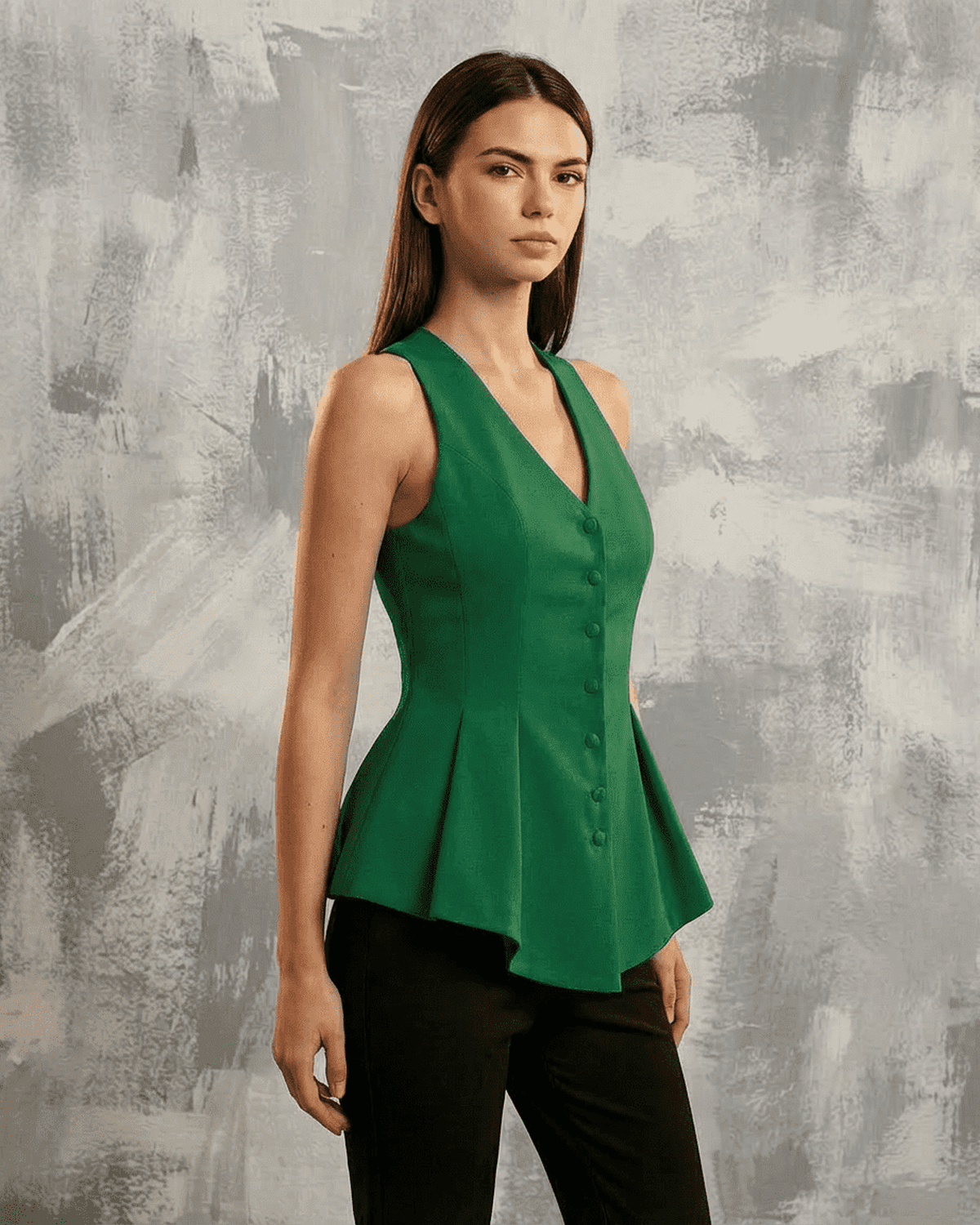 Verona Blouse by Lauven, a satin tailored sleeveless v-neck blouse in elegant green, perfect for sophisticated dressing.