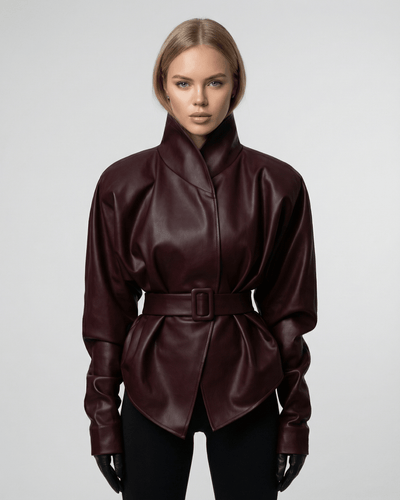 Verona Jacket by Lauven – women's burgundy leather jacket with fitted mandarin collar and structured silhouette.