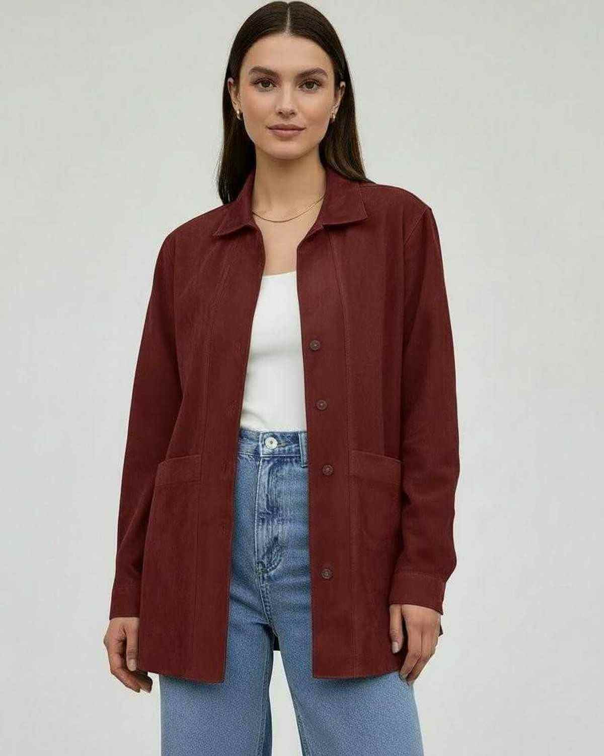 Verona Jacket by Lauven, women’s oversized burgundy jacket with button-down front and relaxed fit.