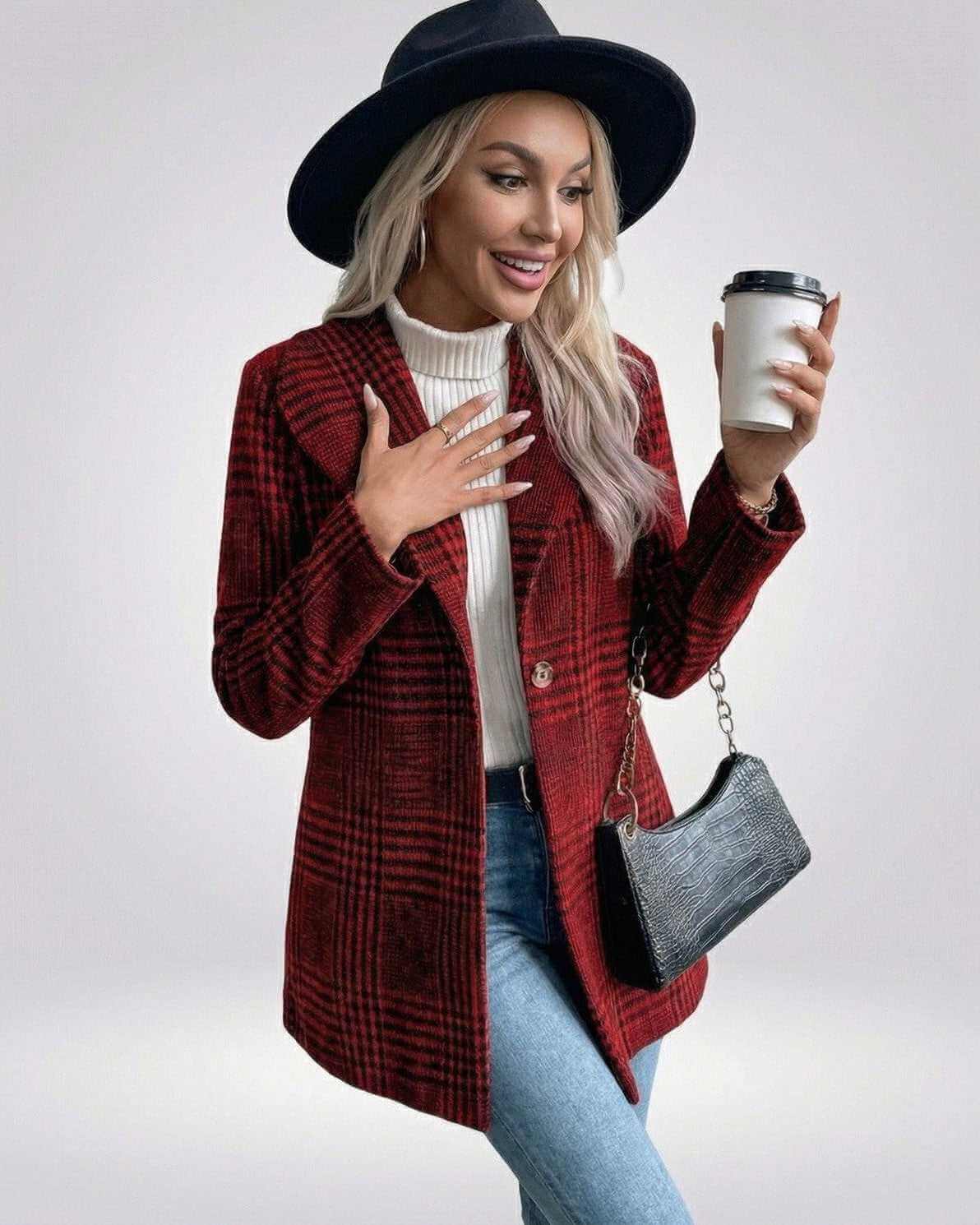 Lauven Verona Jacket – Women’s red plaid jacket with slim fit tailored silhouette, perfect for modern layering.