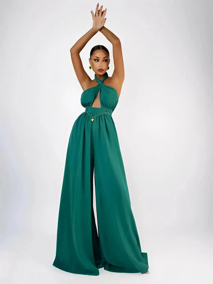 Verona Jumpsuit by Lauven in emerald, featuring a halter neck, open back, and wide legs for elegant style.