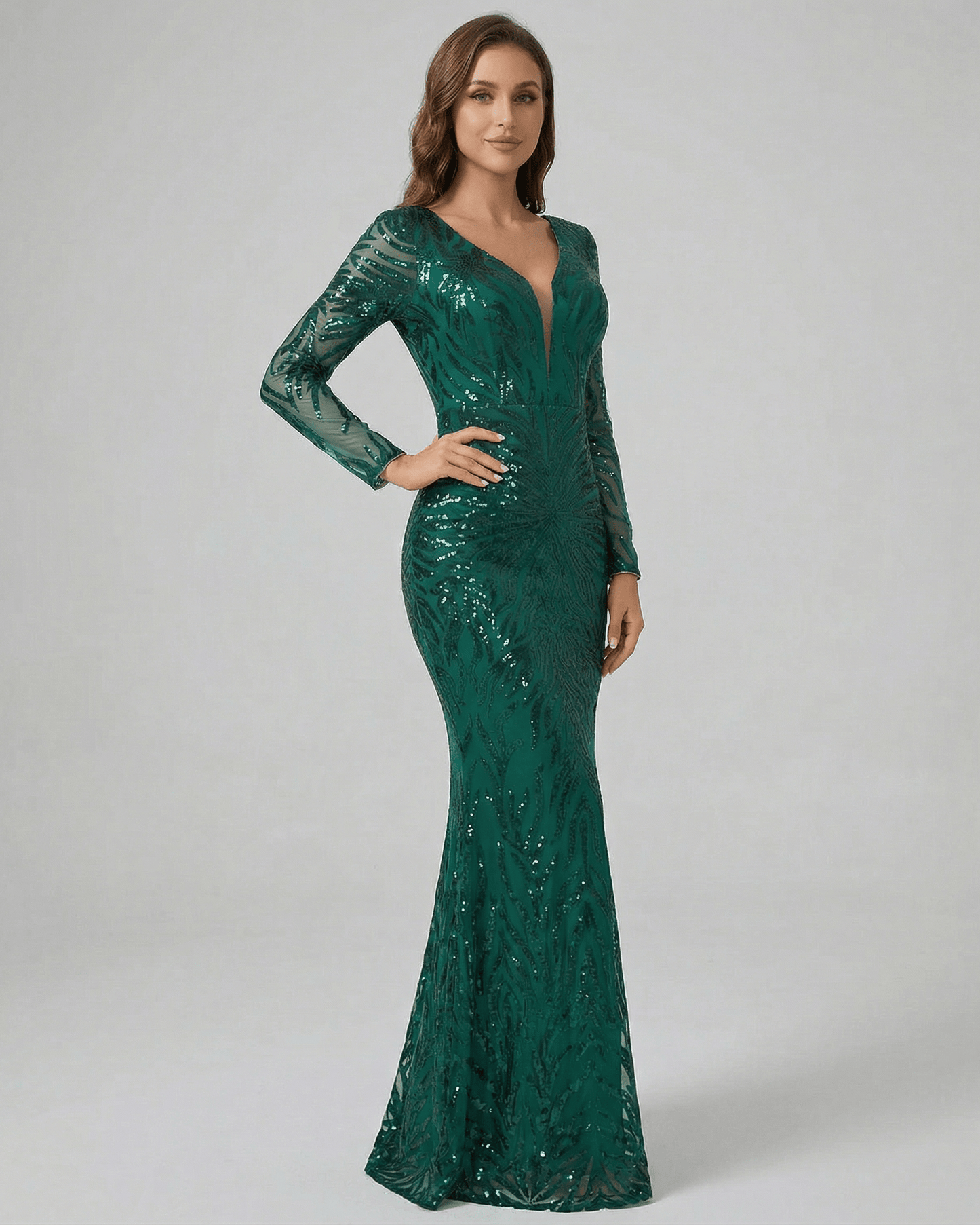 Verona Maxi Dress by Lauven - Green Sequin Maxi Dress with Long Sleeves and V-Neck in a modern silhouette.