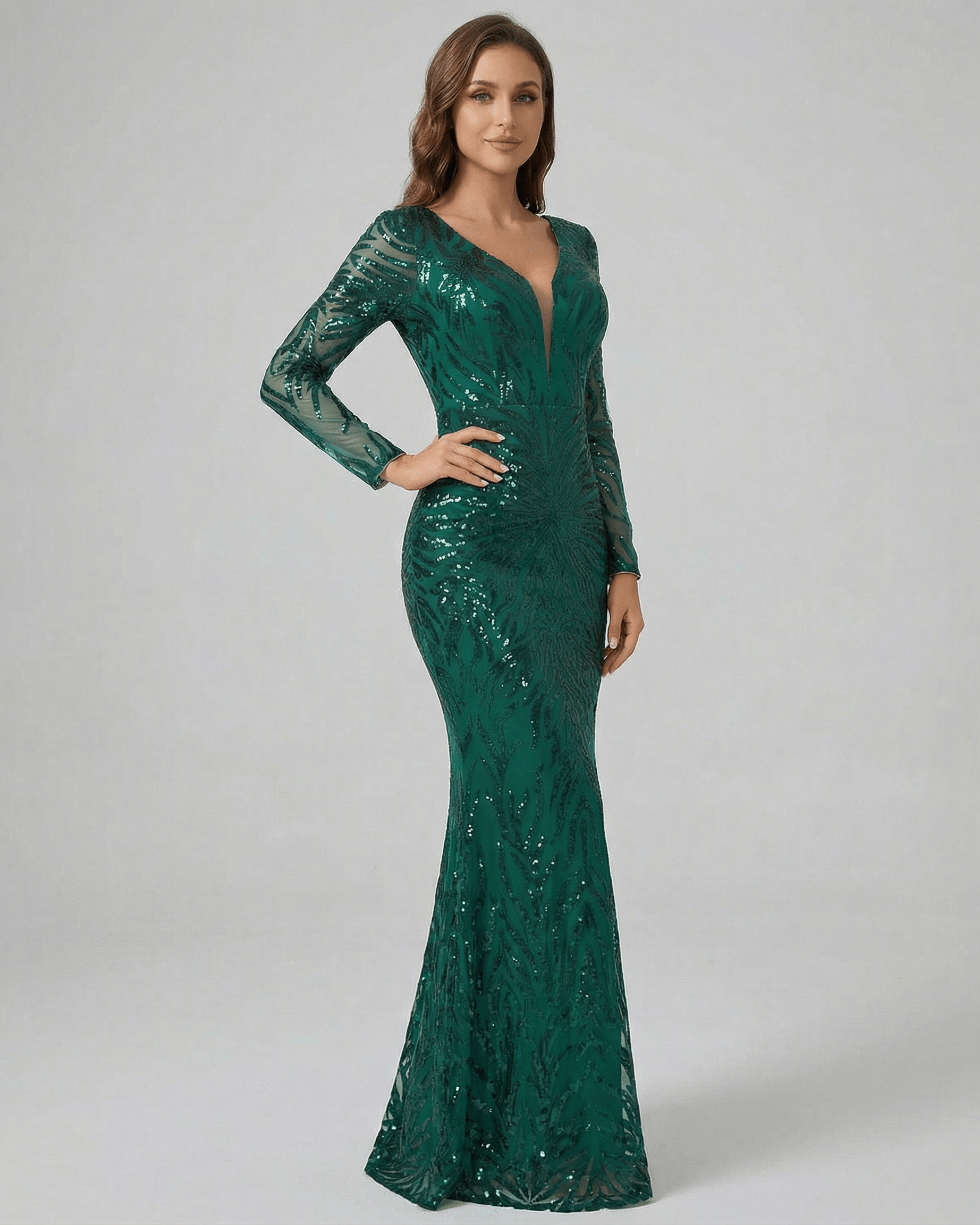 Verona Maxi Dress by Lauven - Green Sequin Maxi Dress with Long Sleeves and V-Neck in a modern silhouette.