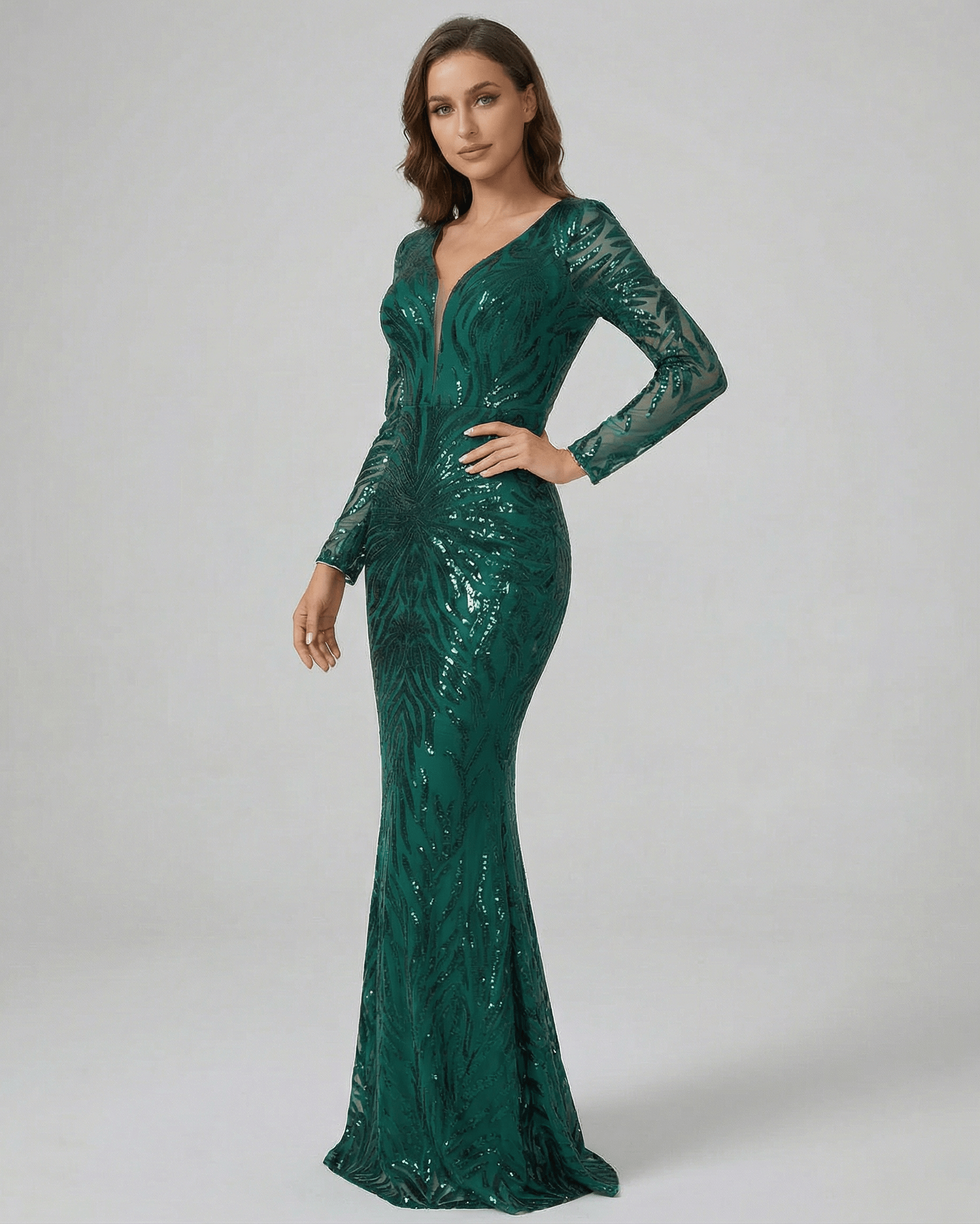 Verona Maxi Dress by Lauven – Green sequin maxi dress with V-neck and long sleeves.