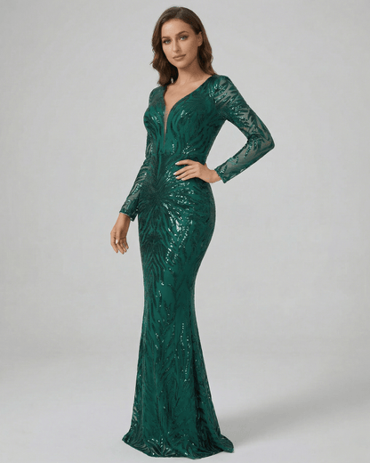 Verona Maxi Dress by Lauven – Green sequin maxi dress with V-neck and long sleeves.
