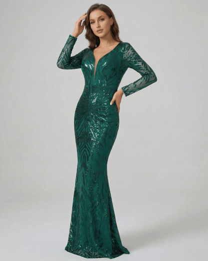 Verona Maxi Dress by Lauven in green sequin with long sleeves and V-neckline, showcasing a modern trumpet silhouette.