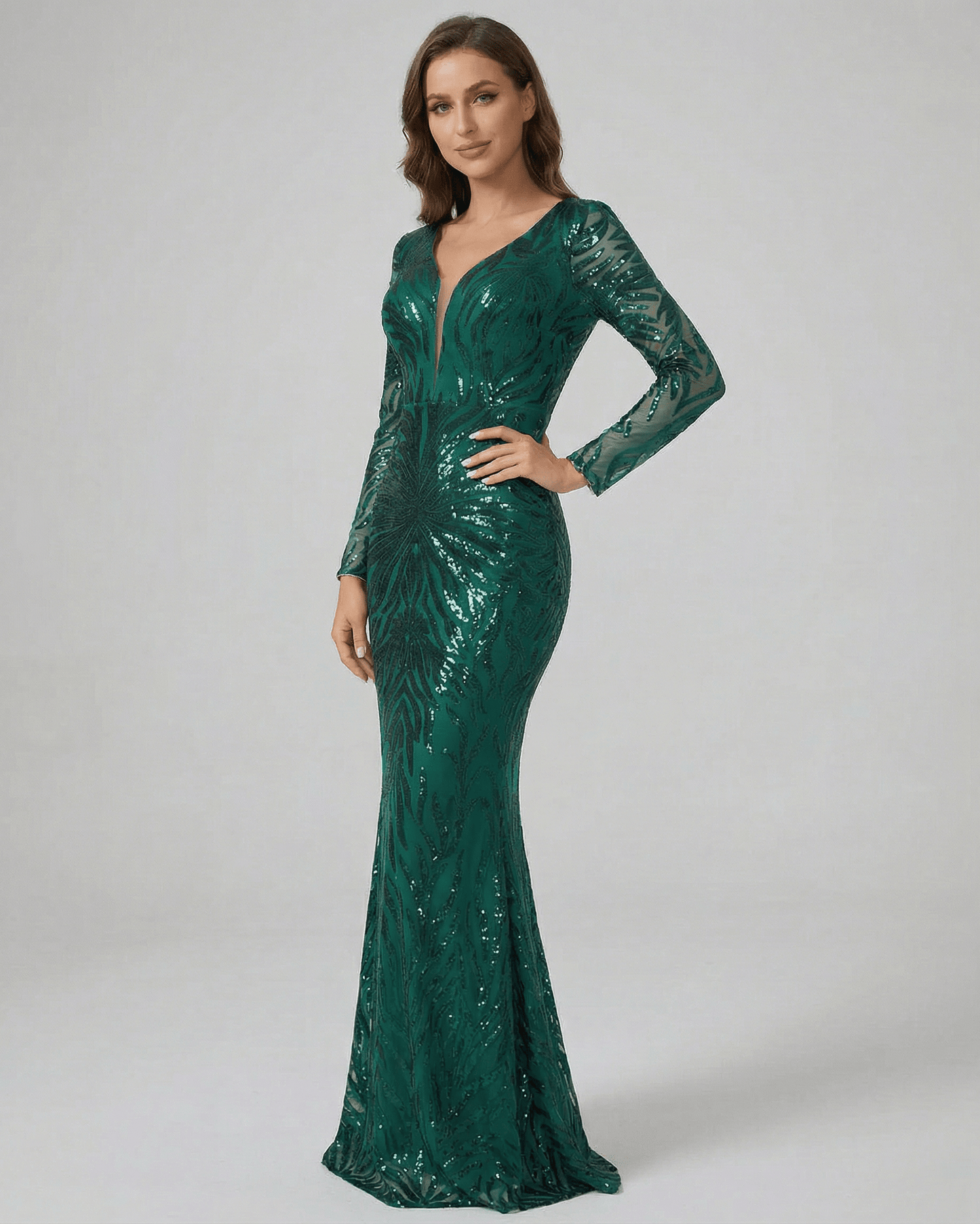 Verona Maxi Dress by Lauven - Elegant green sequin maxi dress with long sleeves and V-neckline.