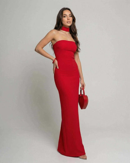 Verona Maxi Dress by Lauven, red halter neck bandage sheath silhouette, stylish ankle-length design.