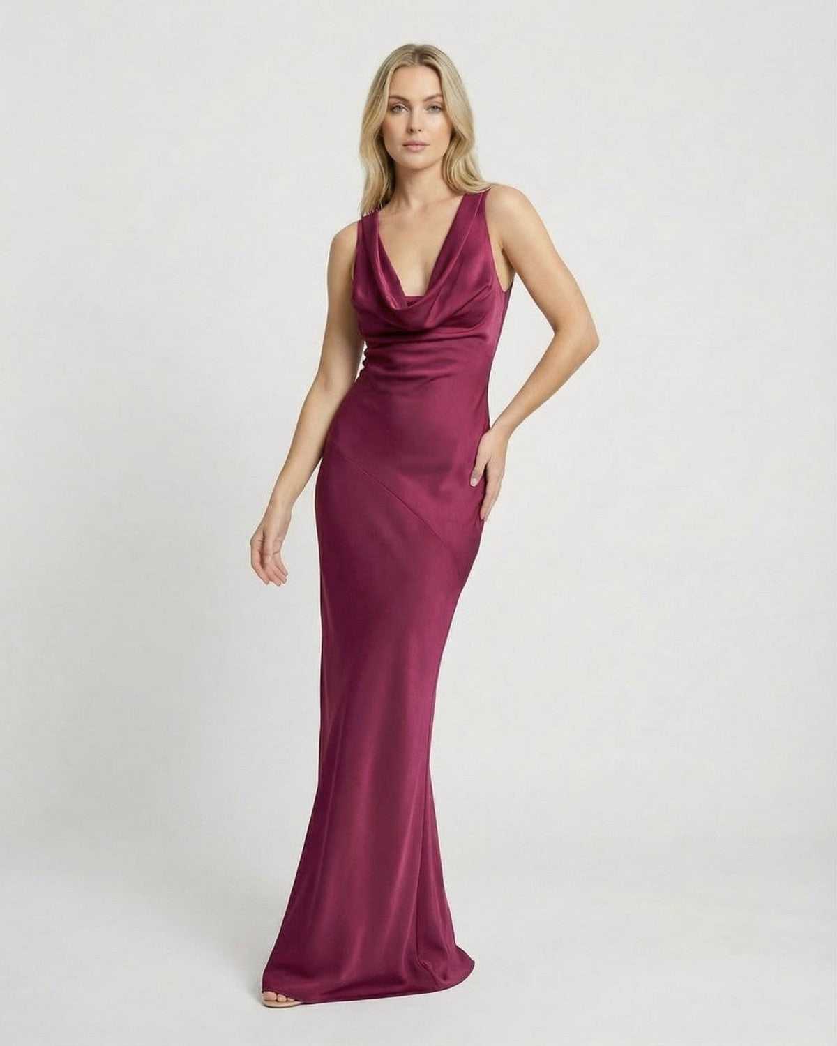 Lauven Verona Maxi Dress in satin-effect with cowl neck, showcasing elegant evening silhouette and graceful design.