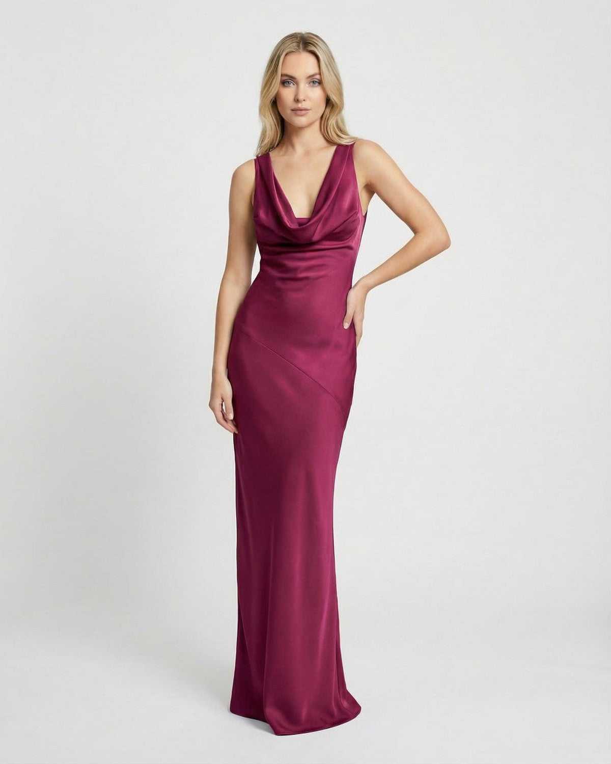 Verona Maxi Dress by Lauven - satin-effect cowl neck evening dress in rich burgundy color.