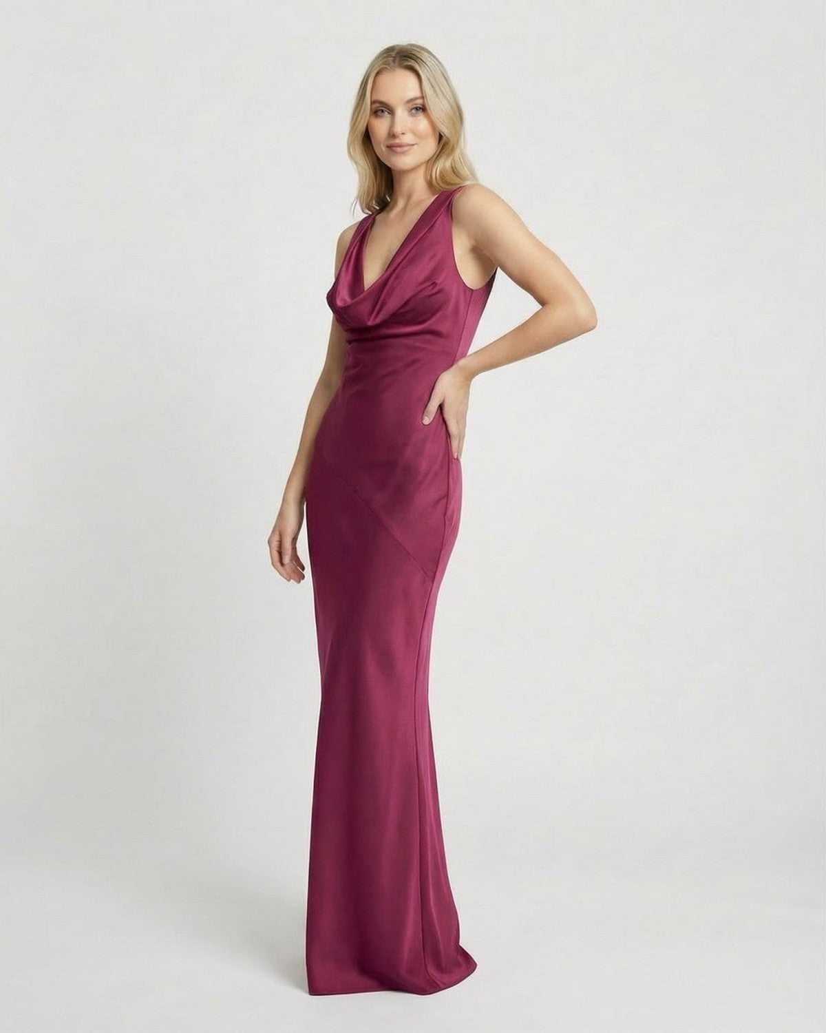 Verona Maxi Dress by Lauven in luxurious satin-effect, featuring a cowl neck and elegant evening silhouette.