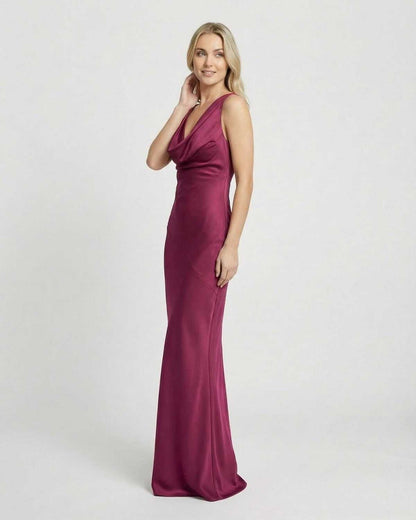 Verona Maxi Dress in burgundy satin effect, showcasing a cowl neck and elegant silhouette by Lauven.