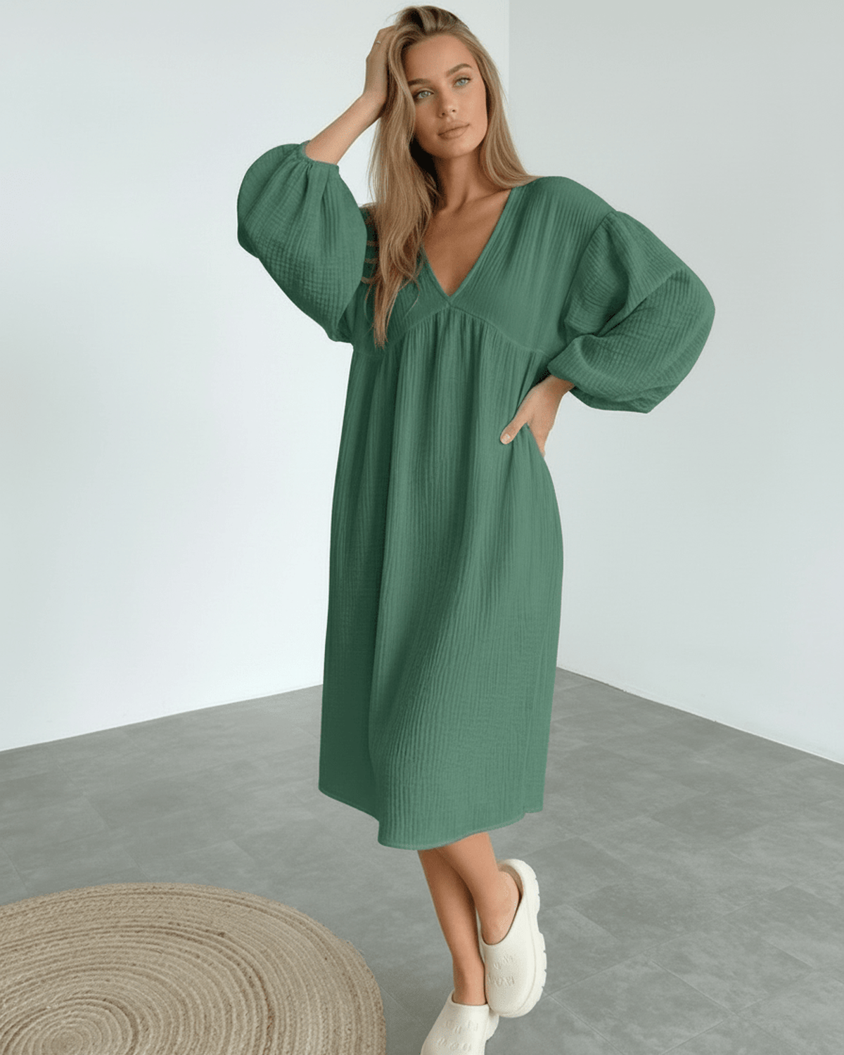 Verona Midi Dress - Green Cotton Midi Dress with Puff Sleeve by Lauven, offering modern elegance and comfort.