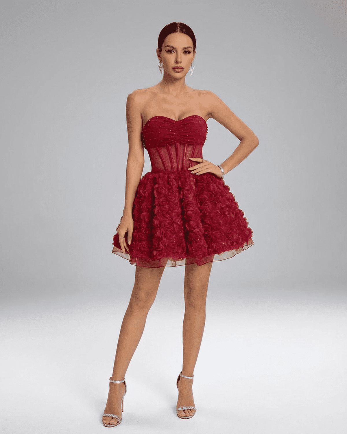 Verona Mini Dress by Lauven - Beaded strapless puff mini featuring 3D floral texture and dramatic volume.