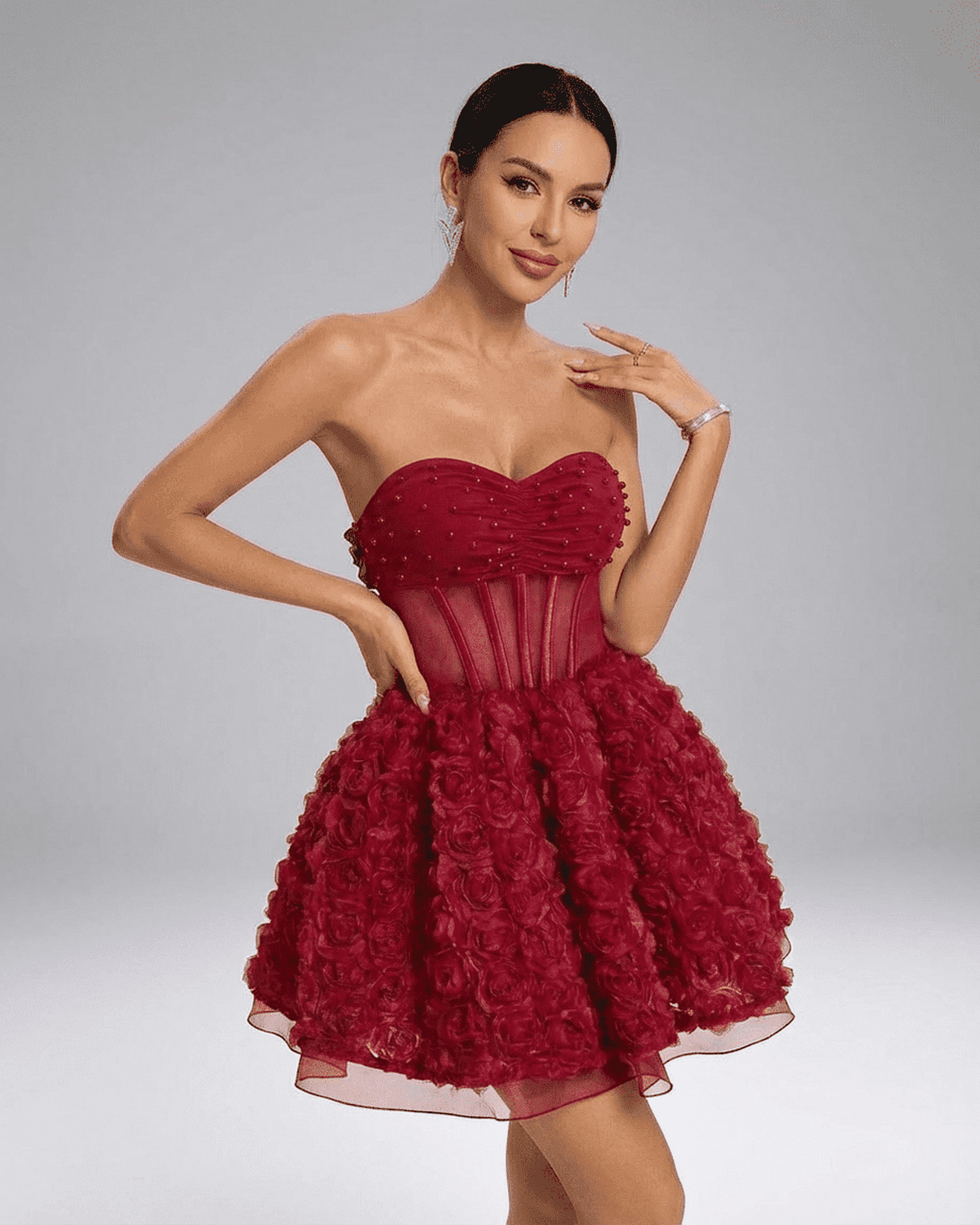 Lauven Verona Mini Dress - Beaded strapless puff mini with 3D floral texture in rich red color.