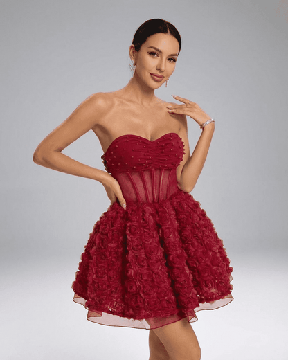 Lauven Verona Mini Dress - Beaded strapless puff mini with 3D floral texture in rich red color.