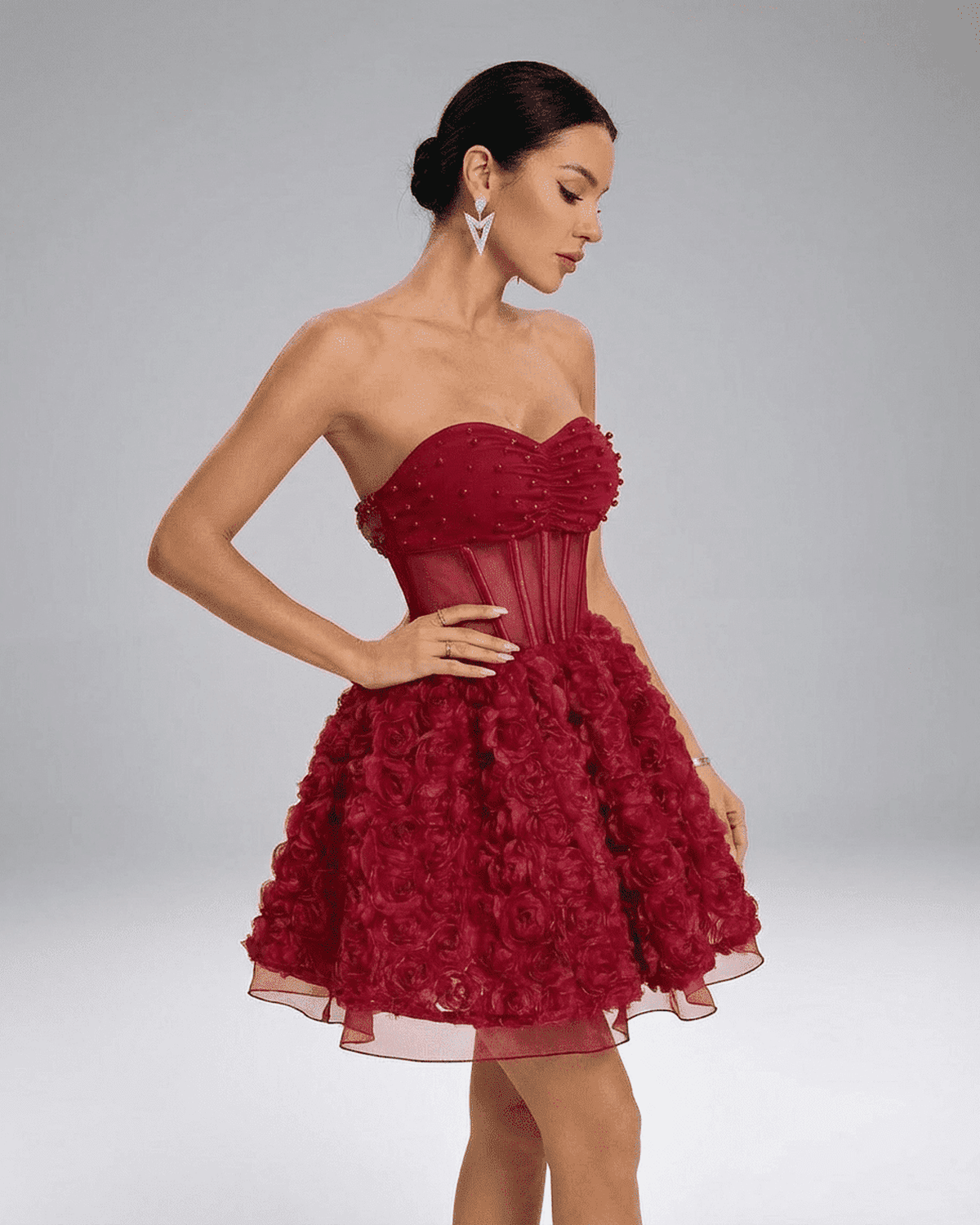 Lauven Verona Mini Dress, beaded strapless puff mini dress with 3D floral texture, showcasing couture-inspired design.