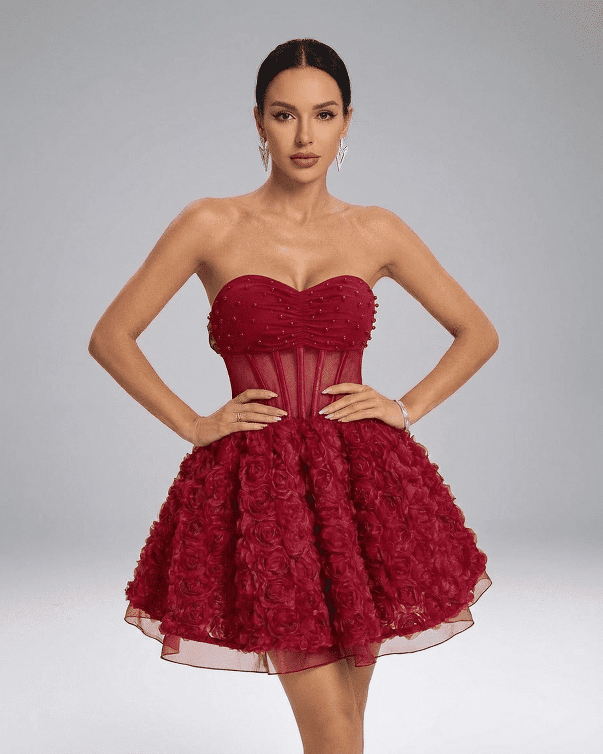 Lauven Verona Mini Dress — Strapless puff mini with 3D floral texture and beaded detailing, showcasing dramatic volume.