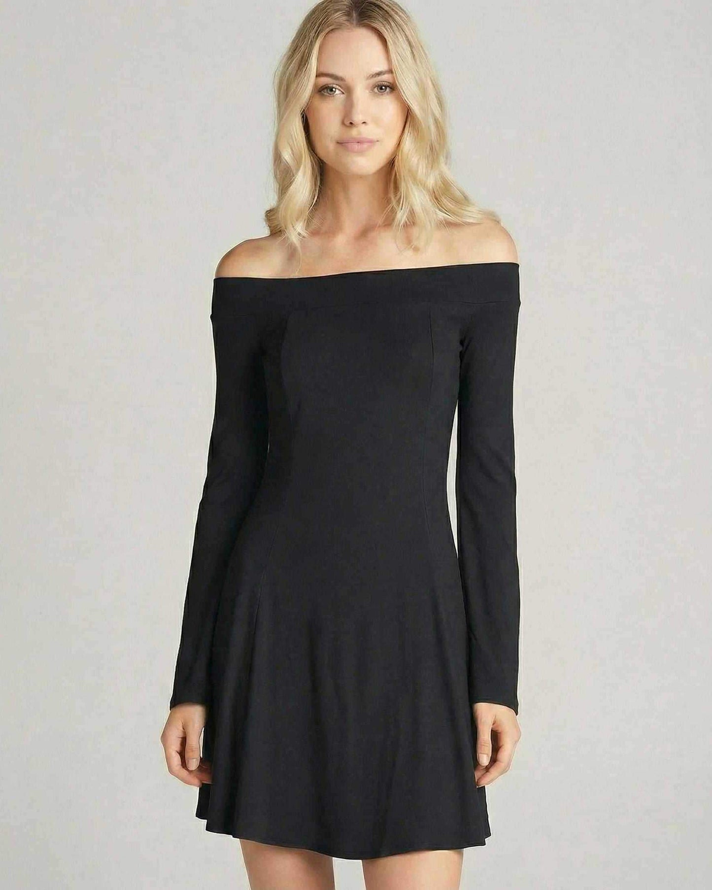 Verona Mini Dress by Lauven, off-shoulder long sleeve, A-line silhouette in black, refined and elegant style.