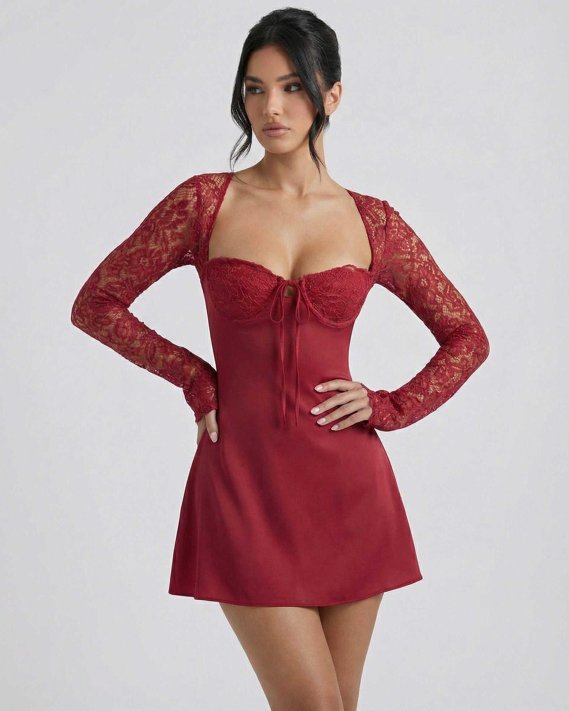 Verona Mini Dress by Lauven, a red lace long sleeve mini dress with a square neckline and delicate tie-front detail.