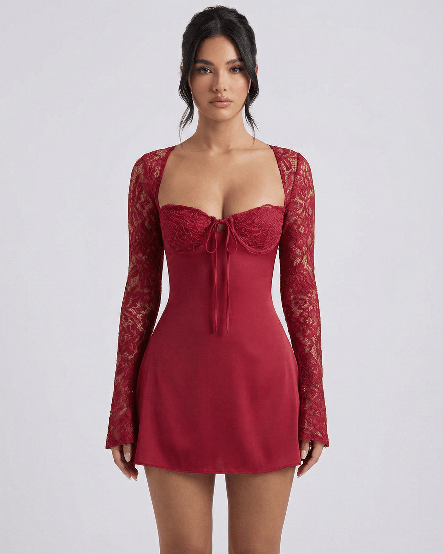 Verona Mini Dress by Lauven – Women’s red lace long sleeve mini dress featuring a sculpted neckline and flattering silhouette.