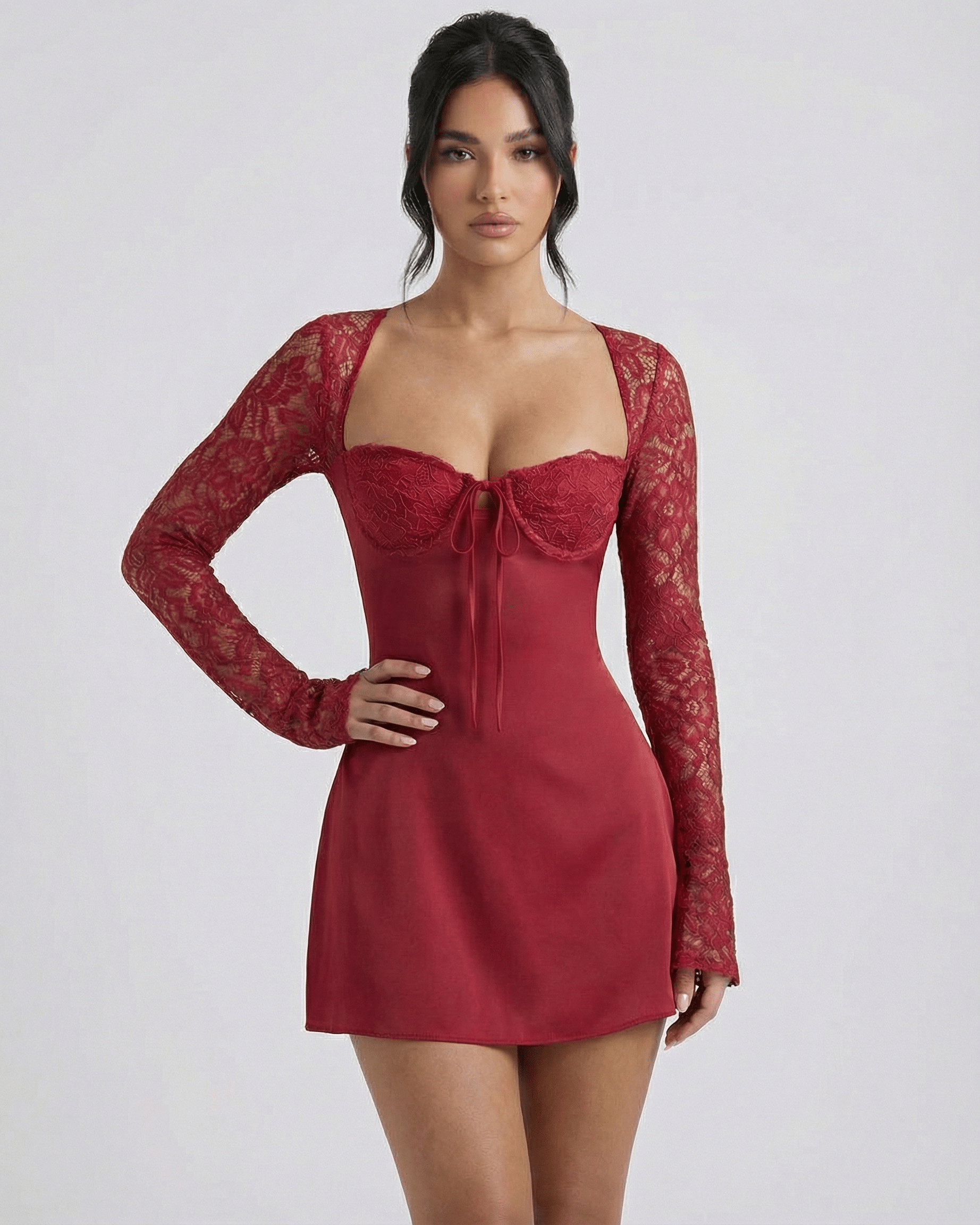 Lauven Verona Mini Dress in red featuring long lace sleeves and a sculpted square neckline.