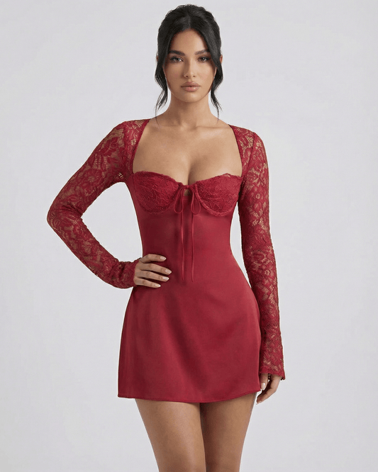 Lauven Verona Mini Dress in red featuring long lace sleeves and a sculpted square neckline.