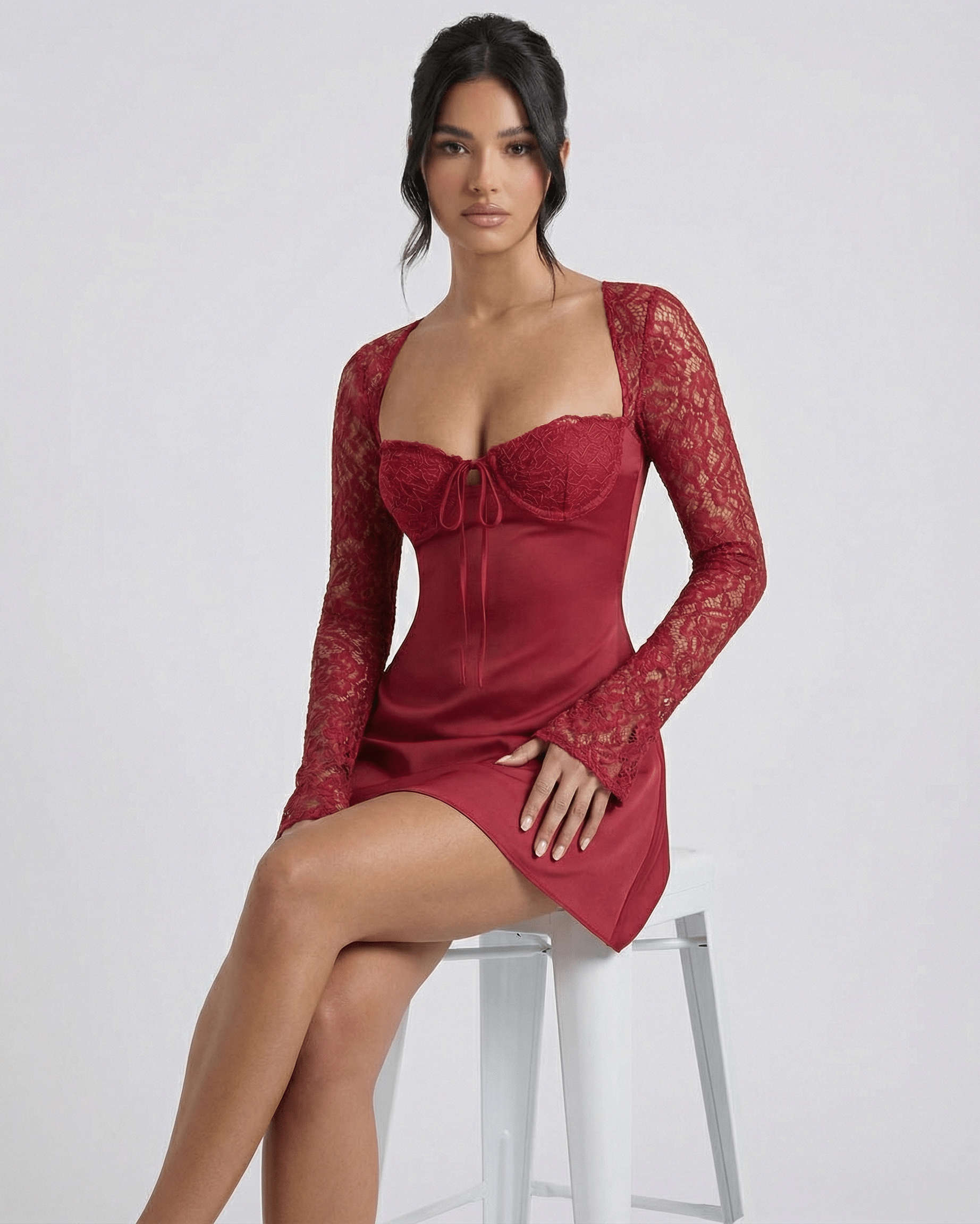 Verona Mini Dress by Lauven - Women's red lace long sleeve mini dress with a sculpted neckline and tie-front detail.