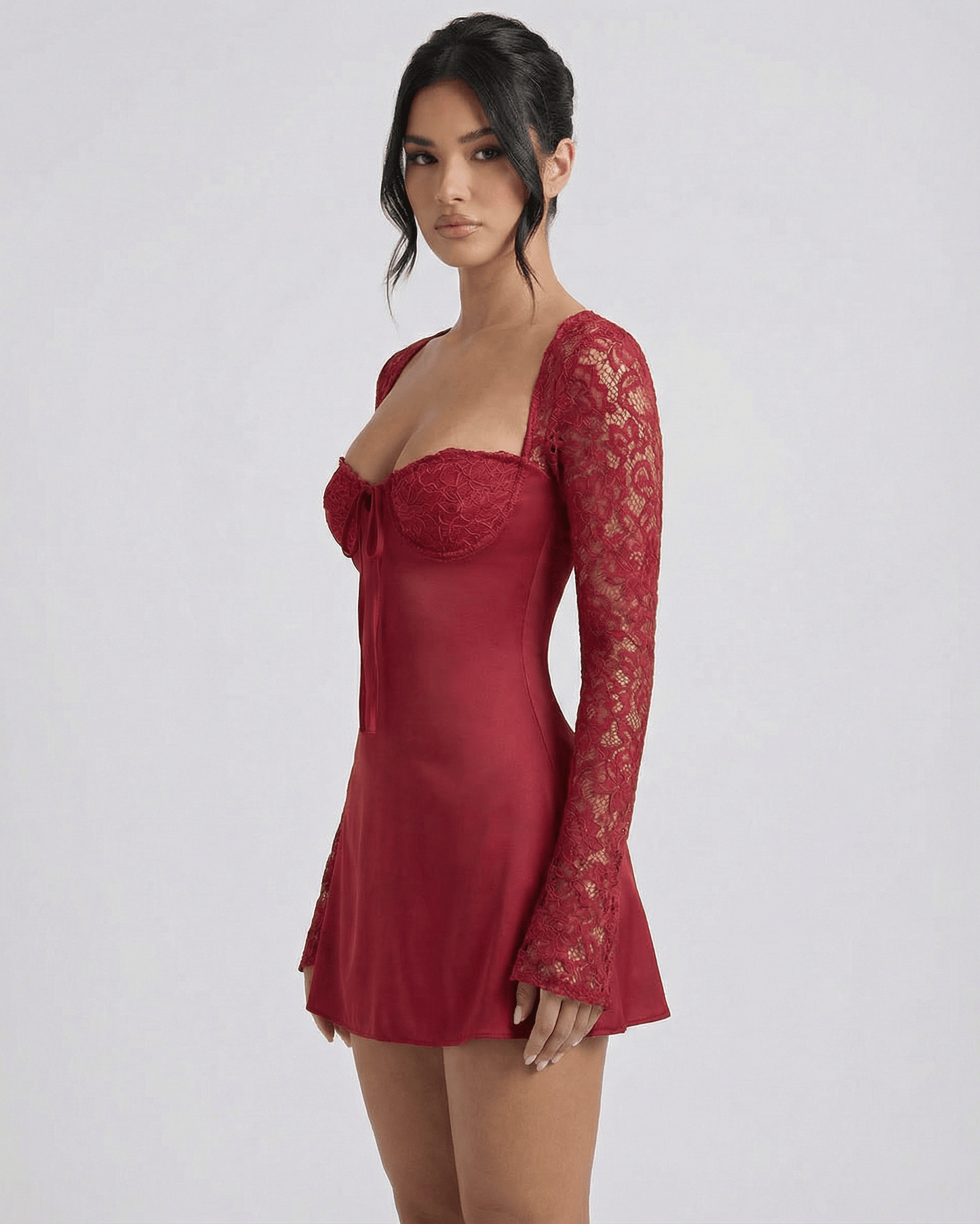 Verona Mini Dress by Lauven, a red lace long sleeve mini dress featuring a square neckline and flattering sheath silhouette.