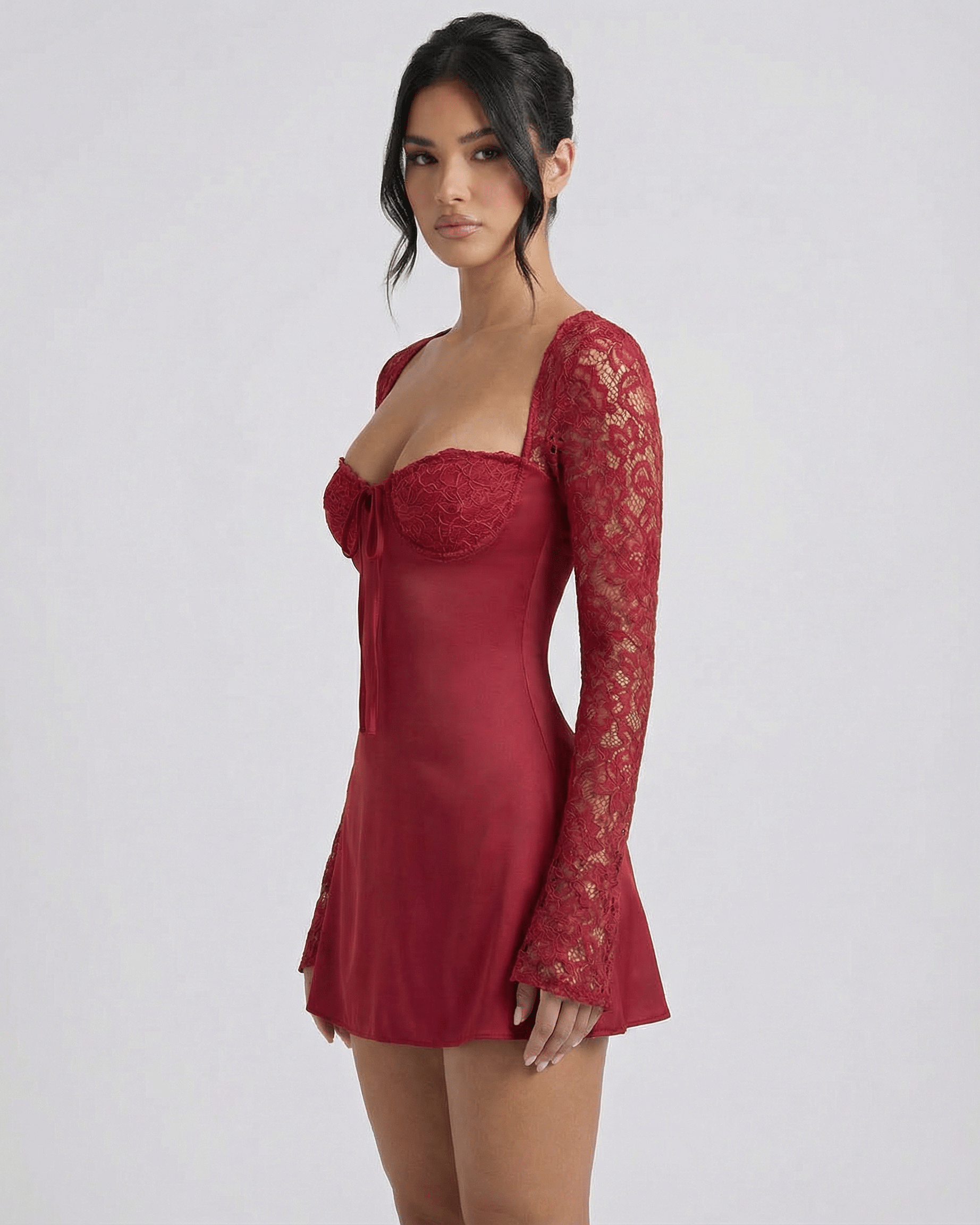 Verona Mini Dress by Lauven, a red lace long sleeve mini dress featuring a square neckline and flattering sheath silhouette.