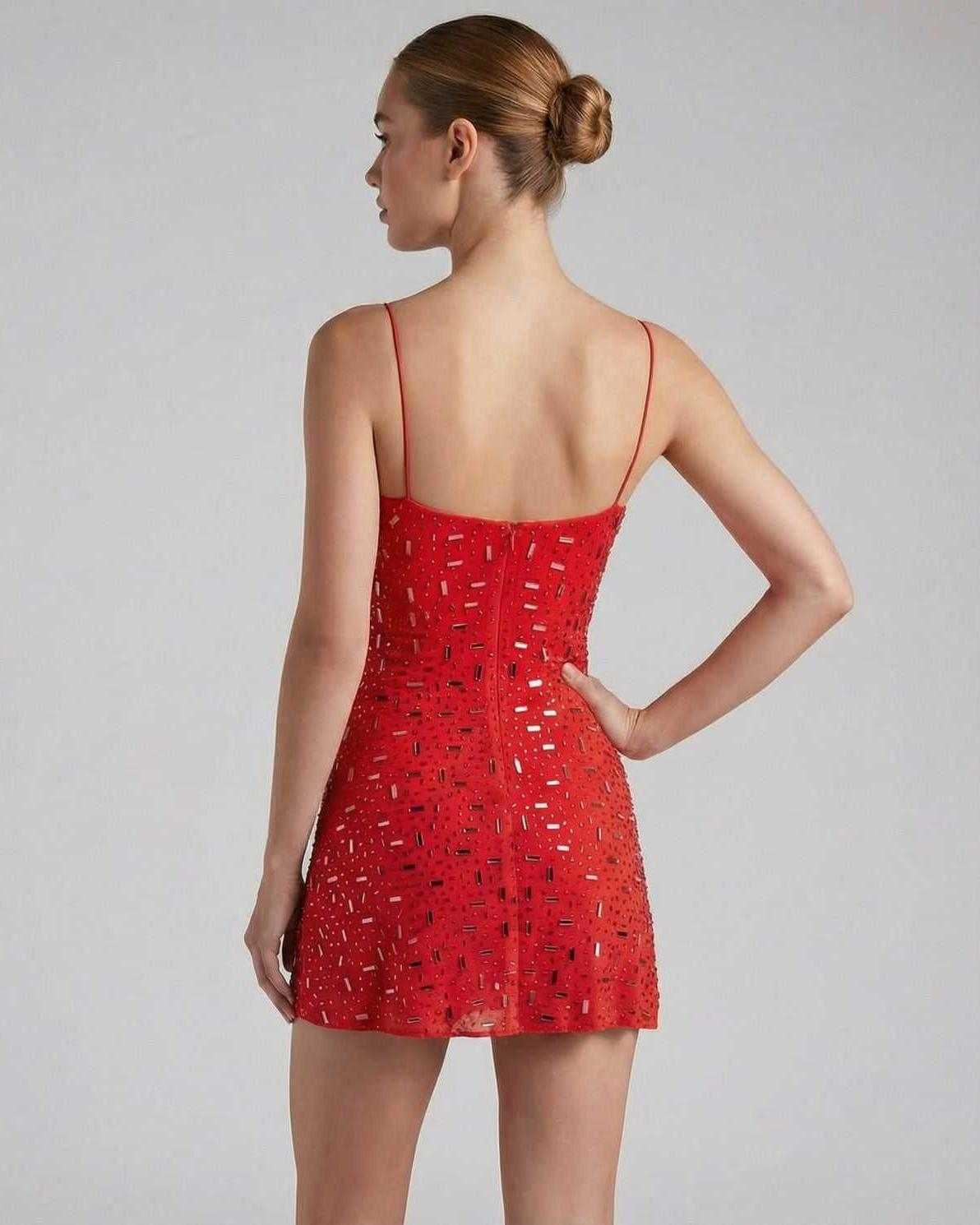 Verona Mini Dress by Lauven - Back view featuring red rhinestone embellishments and slim straps.