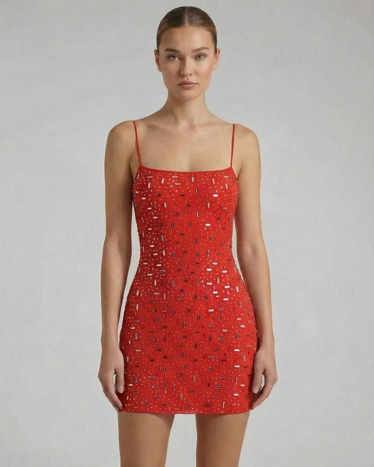 Verona Mini Dress by Lauven, red rhinestone mini dress with slim straps, showcasing refined sparkle and modern silhouette.