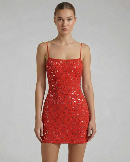 Verona Mini Dress by Lauven, red rhinestone mini dress with slim straps, showcasing refined sparkle and modern silhouette.