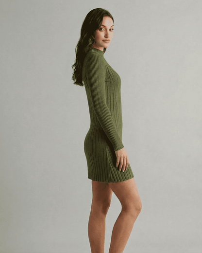 Verona Mini Dress by Lauven, showcasing a ribbed knit design in green, mock neck, and long sleeves.