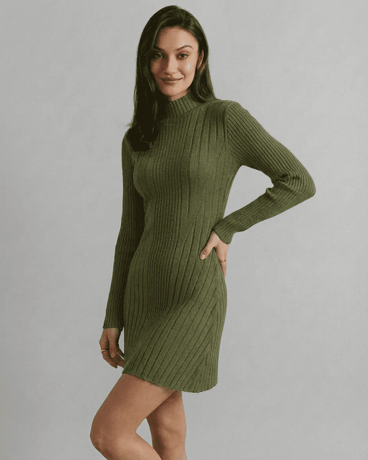 Verona Mini Dress by Lauven in green ribbed knit with mock neck and long sleeves, showcasing a stylish A-line silhouette.