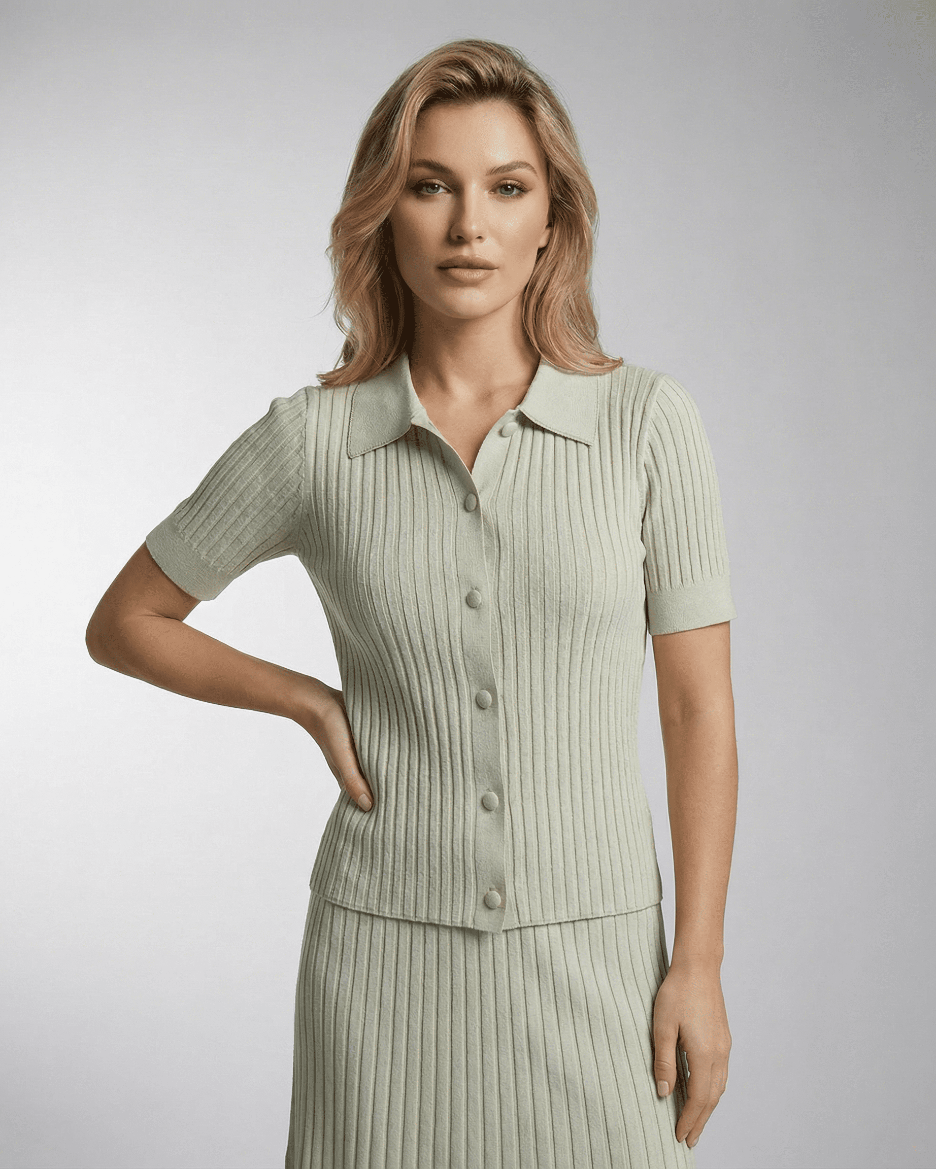Verona Polo Shirt by Lauven - Women’s slim knit polo with ribbed texture, short sleeves, and classic collar.