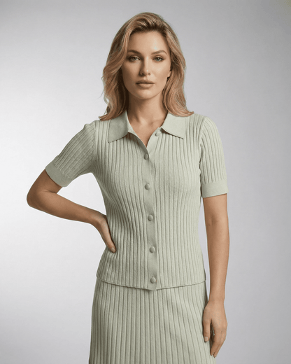 Verona Polo Shirt by Lauven - Women’s slim knit polo with ribbed texture, short sleeves, and classic collar.