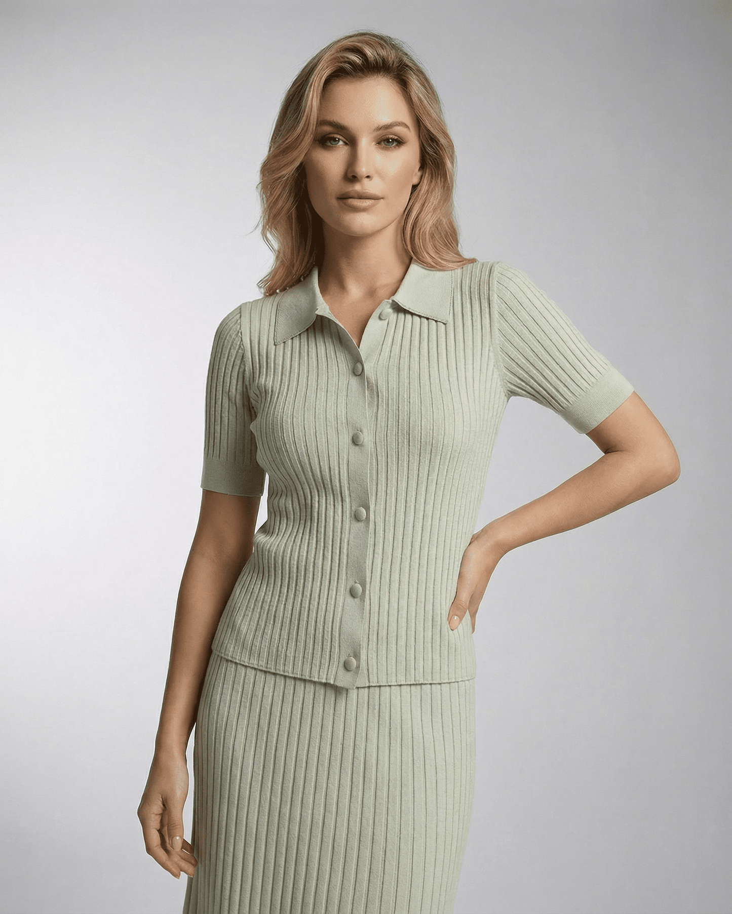 Model wearing a light green Verona Polo Shirt by Lauven, showcasing fine rib texture and a slim fit design.