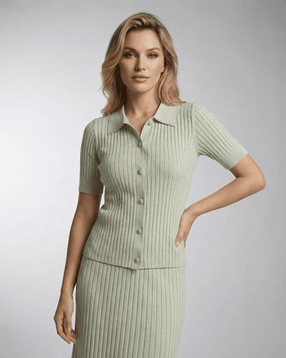 Model wearing a light green Verona Polo Shirt by Lauven, showcasing fine rib texture and a slim fit design.