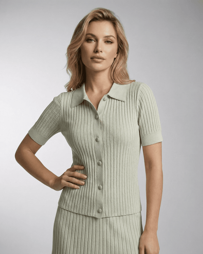 Lauven Verona Polo Shirt in light green, showcasing women's slim knit design and fine rib texture.
