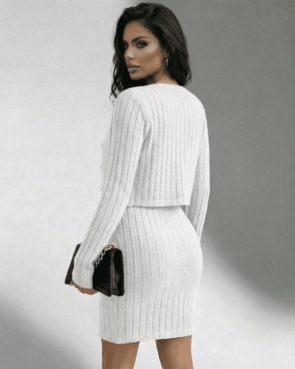 Verona Set by Lauven: Ribbed Slim Fit Two-Piece Dress & Cardigan Set in white, showcasing refined elegance.